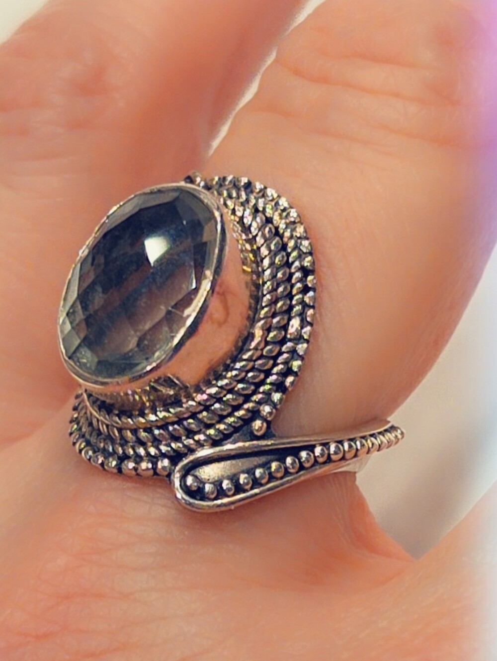 Sterling Silver Faceted Green Amethyst (Prasiolite) Gemstone Ring
